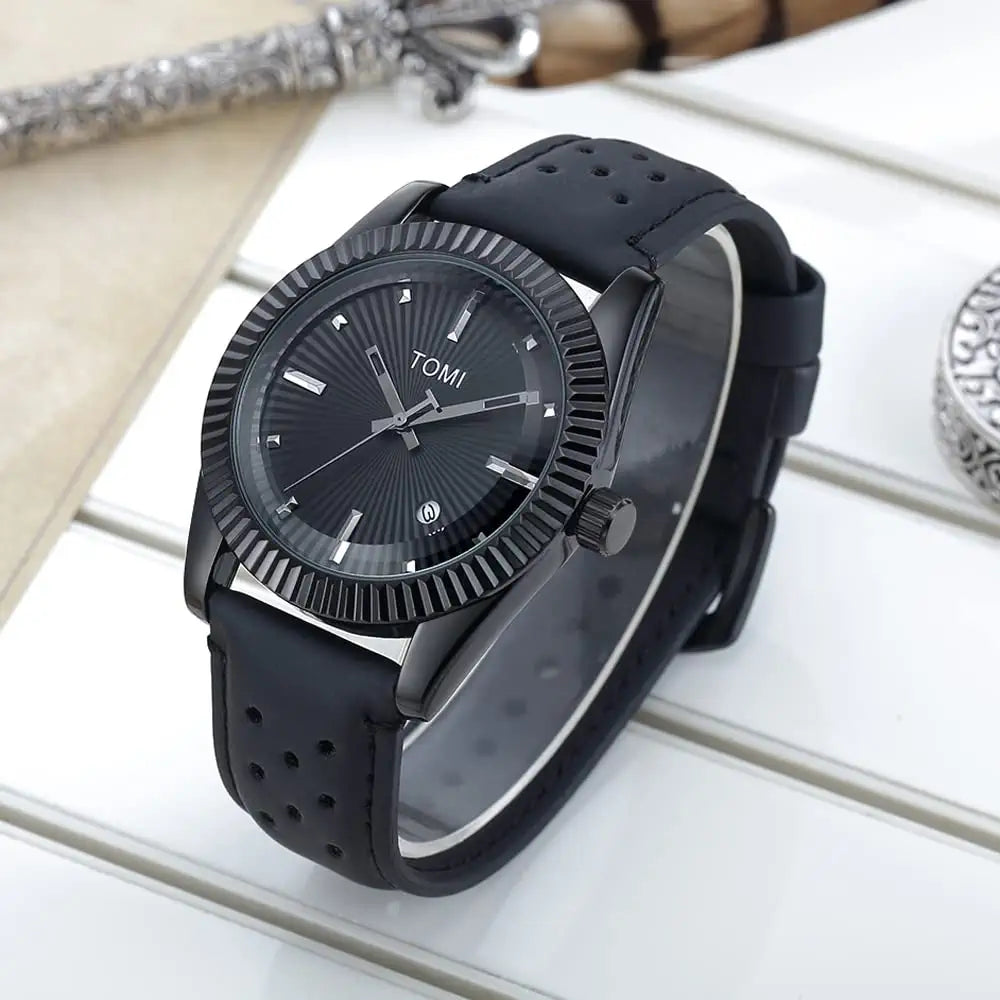TOMI T-098 Men's Watch Date Quartz Round Shape Dial Leather Straps