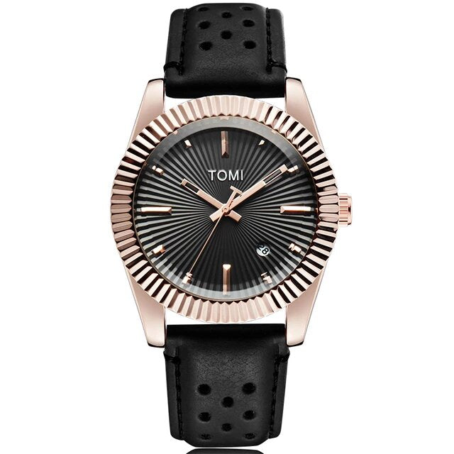 TOMI T-098 Men's Watch Date Quartz Round Shape Dial Leather Straps