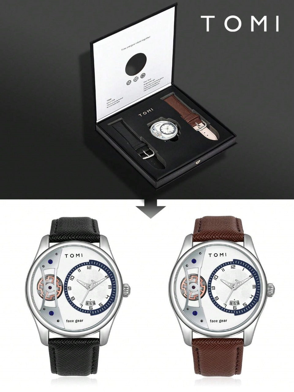 TOMI T-105 Face Gear Dual Strap Luxury Watch