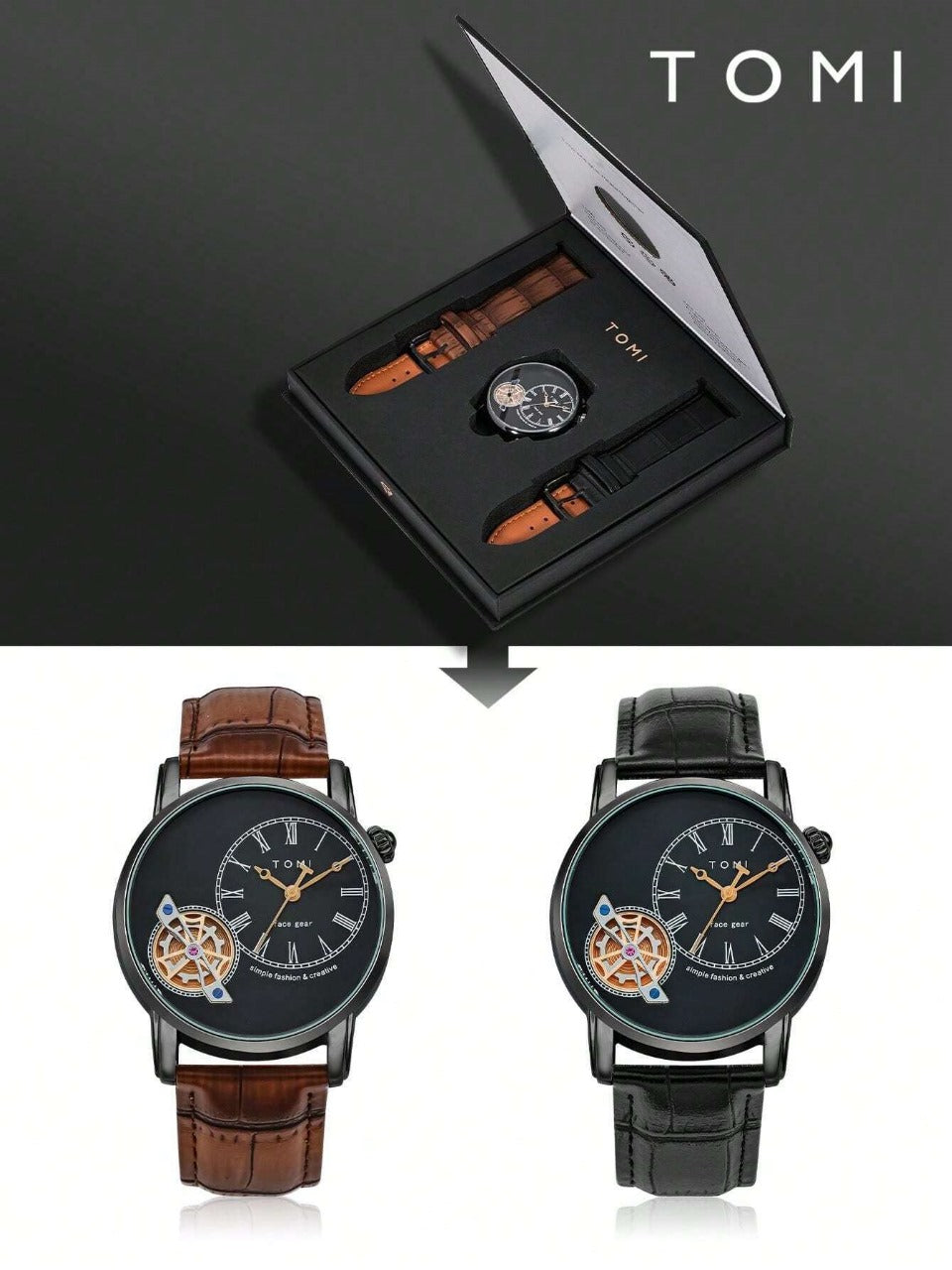 Tomi face gear dual strap watch