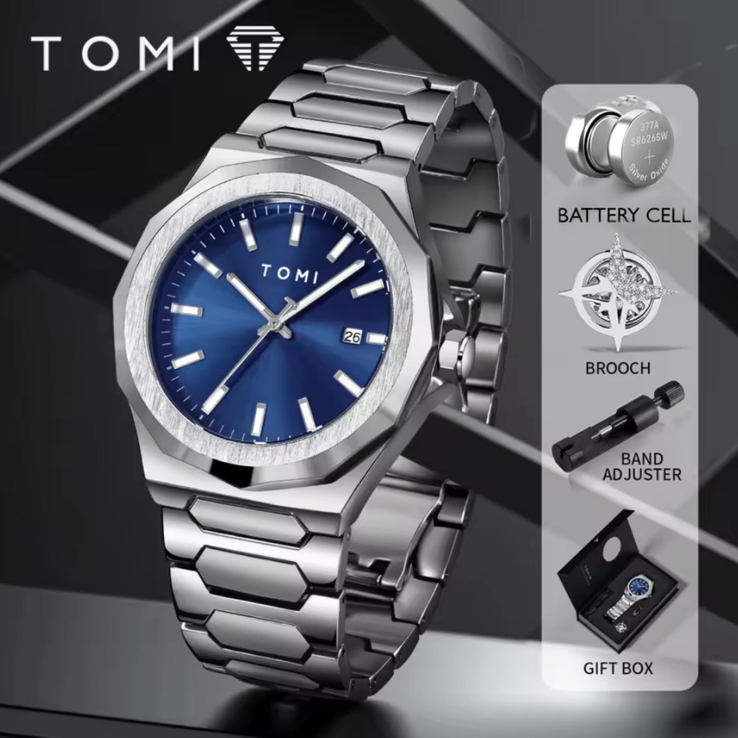 TOMI T-301 New Men's Luxury Business Stainless Steel Watch Gift Box Set