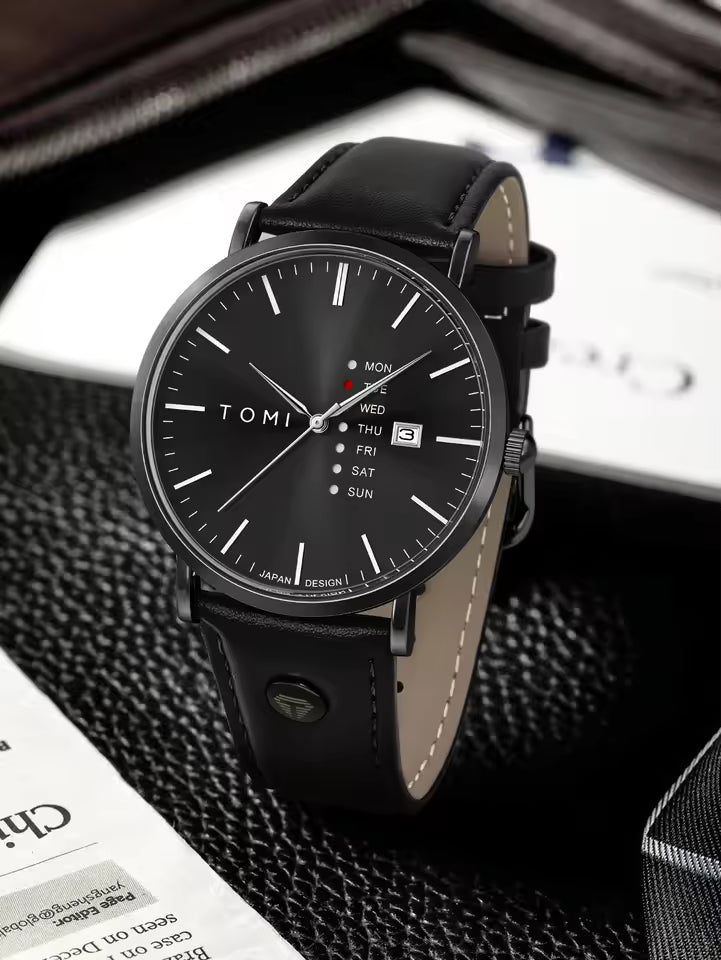 New TOMI T-019 Trendy Men's Watch With Pen Quartz Texture Business Watch with Leather Strap and Weekday Calendar