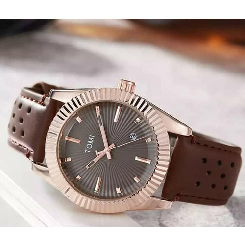 TOMI T-098 Men's Watch Date Quartz Round Shape Dial Leather Straps
