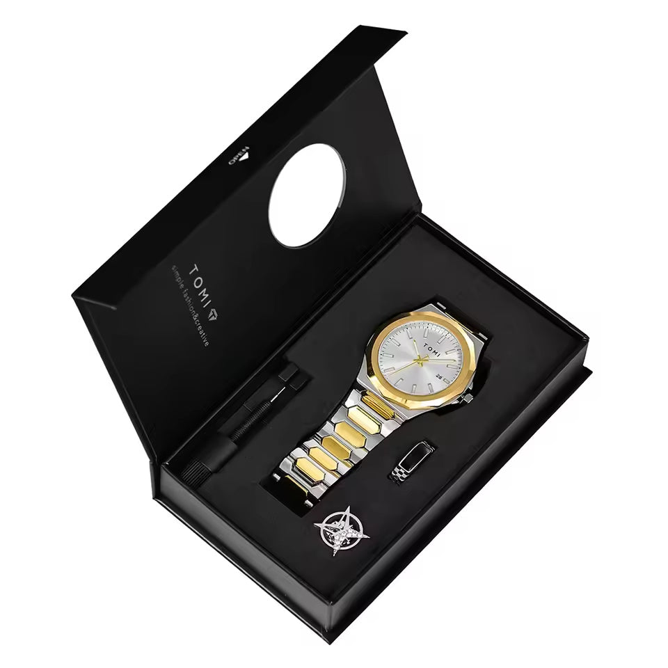 TOMI T-301 New Men's Luxury Business Stainless Steel Watch Gift Box Set