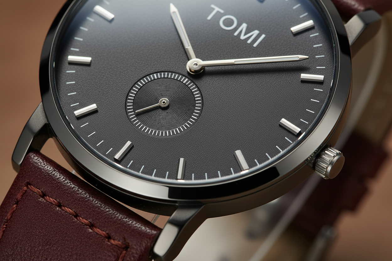 TOMI T-073 Luxury Slim Dial Watch Side Second Quartz Leather Strap