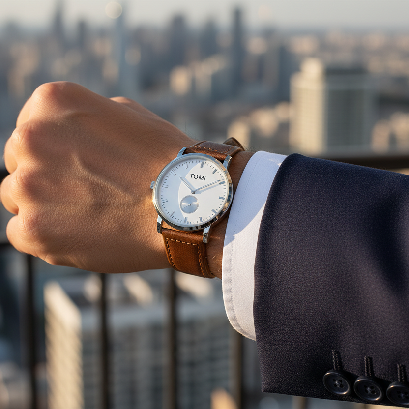 TOMI T-073 Luxury Slim Dial Watch Side Second Quartz Leather Strap