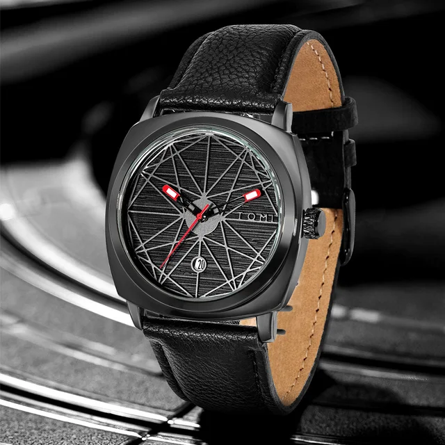 TOMI T-112 Men's Watch Date Quartz Square Dial Leather Straps