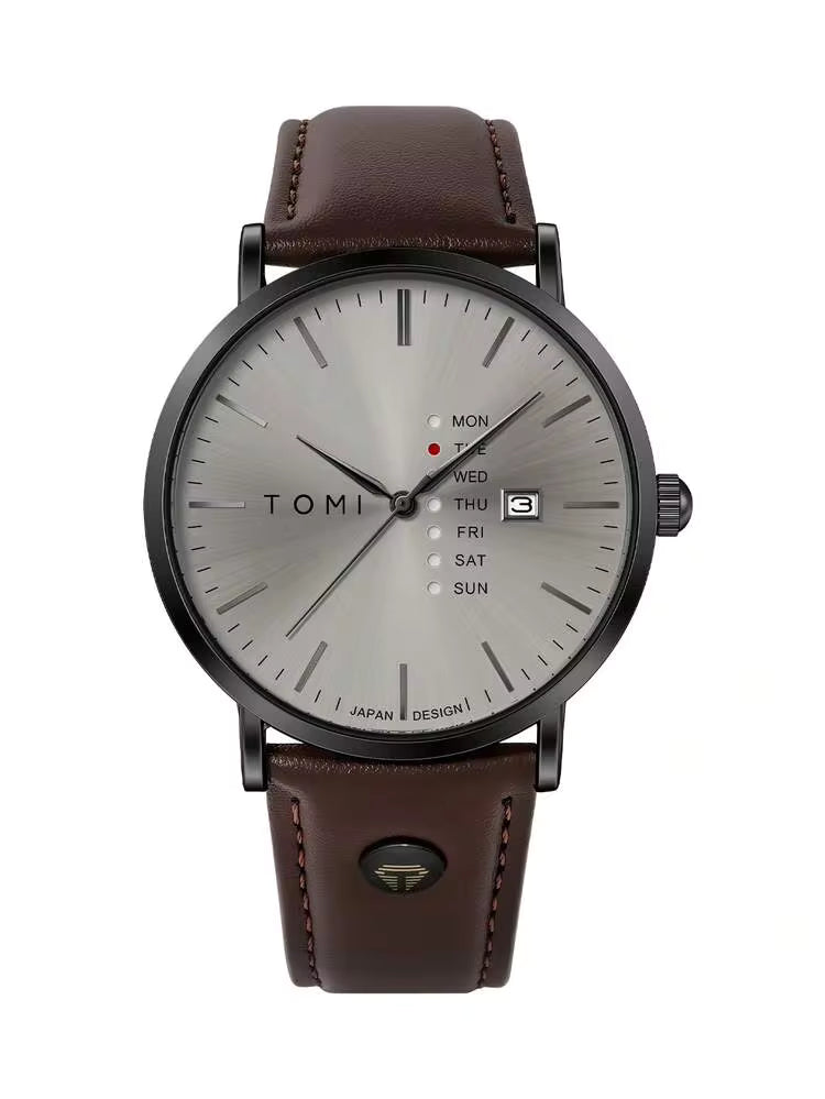 New TOMI T-019 Trendy Men's Watch Quartz Texture Business Watch with Leather Strap and Weekday Calendar