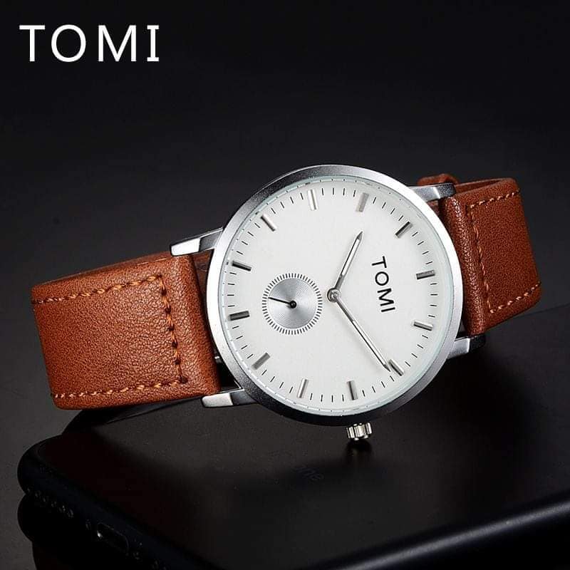 TOMI T-073 Luxury Slim Dial Watch Side Second Quartz Leather Strap