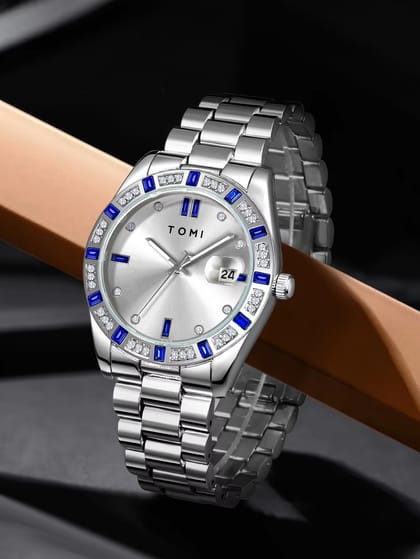 TOMI T-305 High Quality Chain Watch Set – Date Quartz | Ring & Brooch | Premium Gift Box