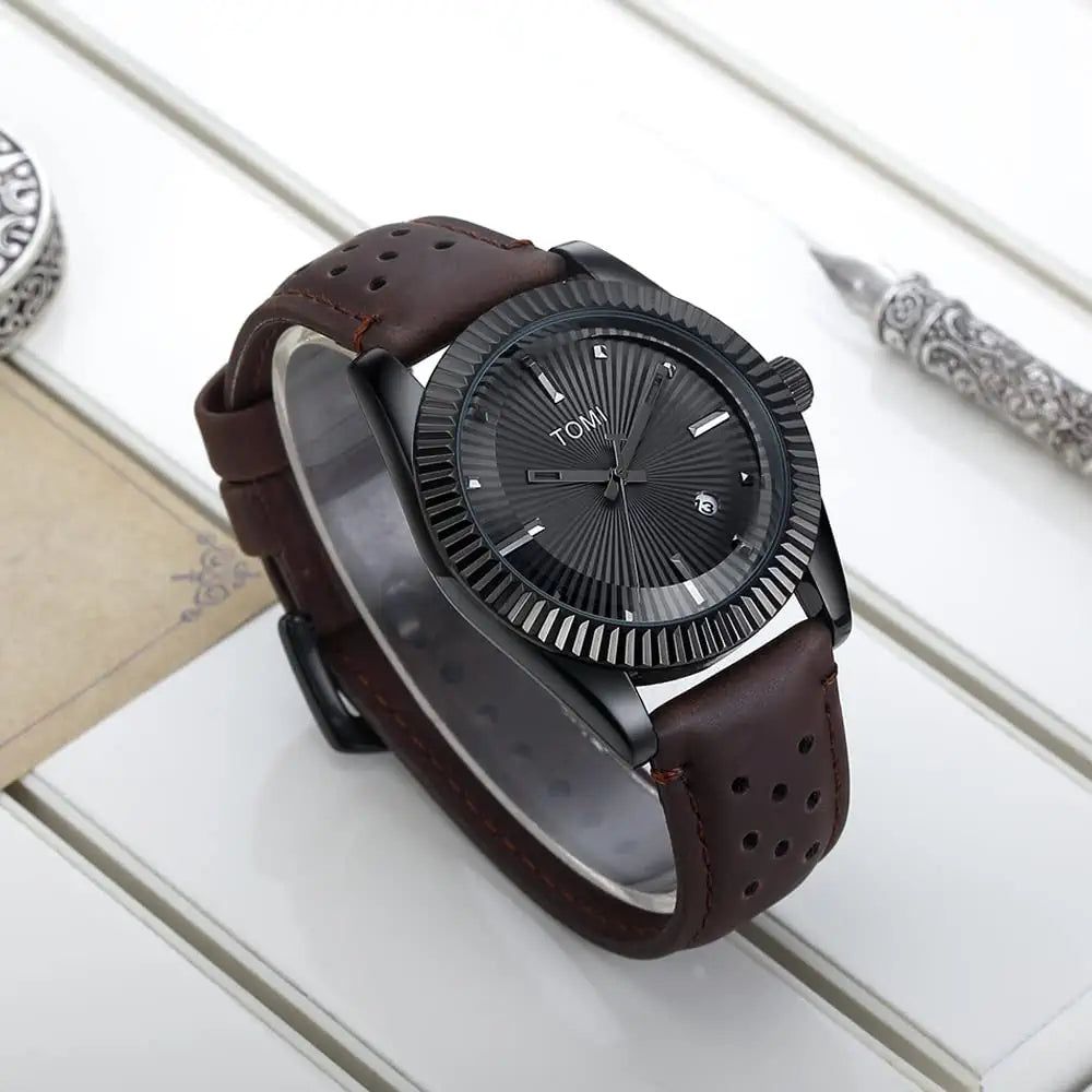 TOMI T-098 Men's Watch Date Quartz Round Shape Dial Leather Straps
