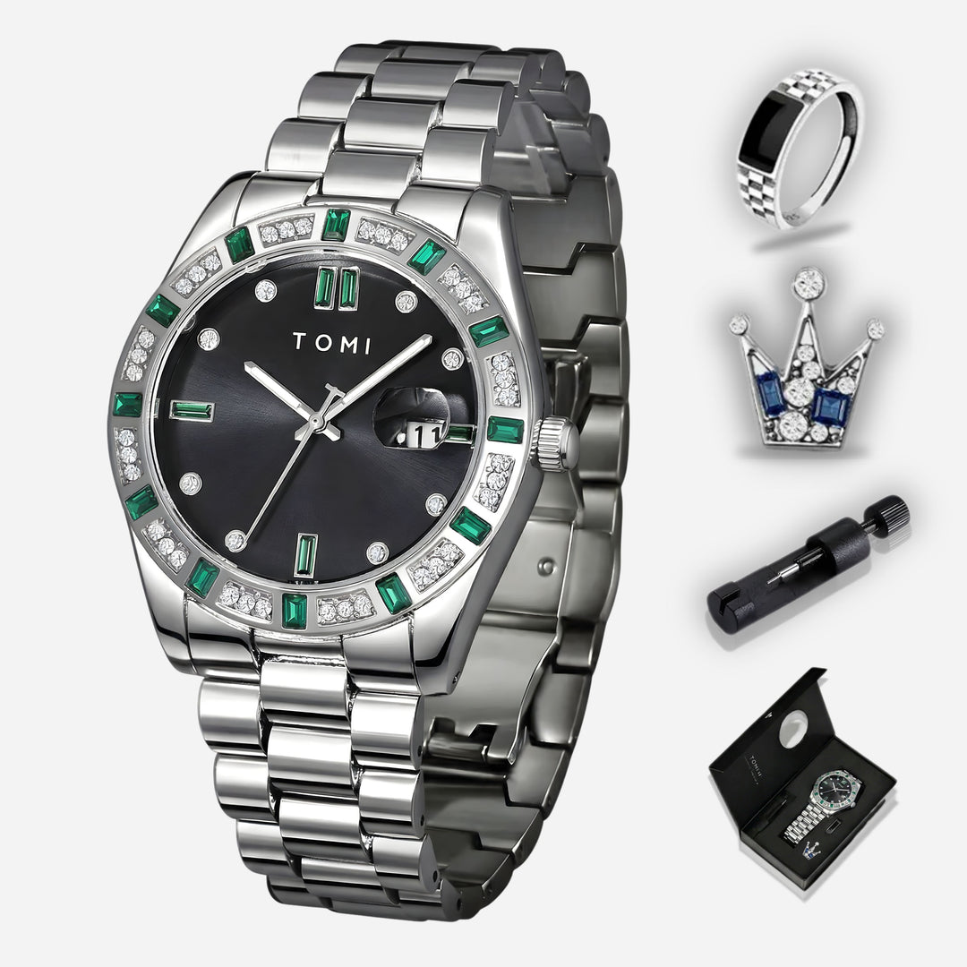TOMI T-305 High Quality Chain Watch Set – Date Quartz | Ring & Brooch | Premium Gift Box