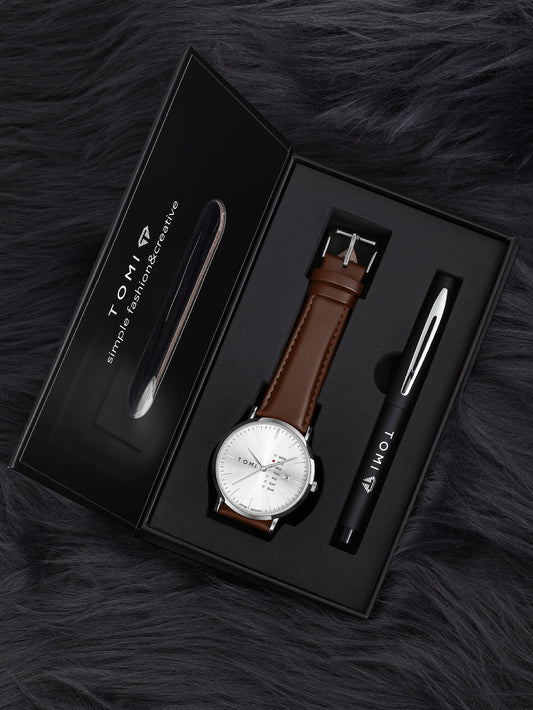 New TOMI T-019 Trendy Men's Watch With Pen Quartz Texture Business Watch with Leather Strap and Weekday Calendar With Pen