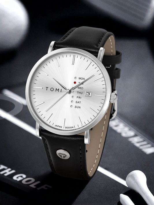 New TOMI T-019 Trendy Men's Watch Quartz Texture Business Watch with Leather Strap and Weekday Calendar