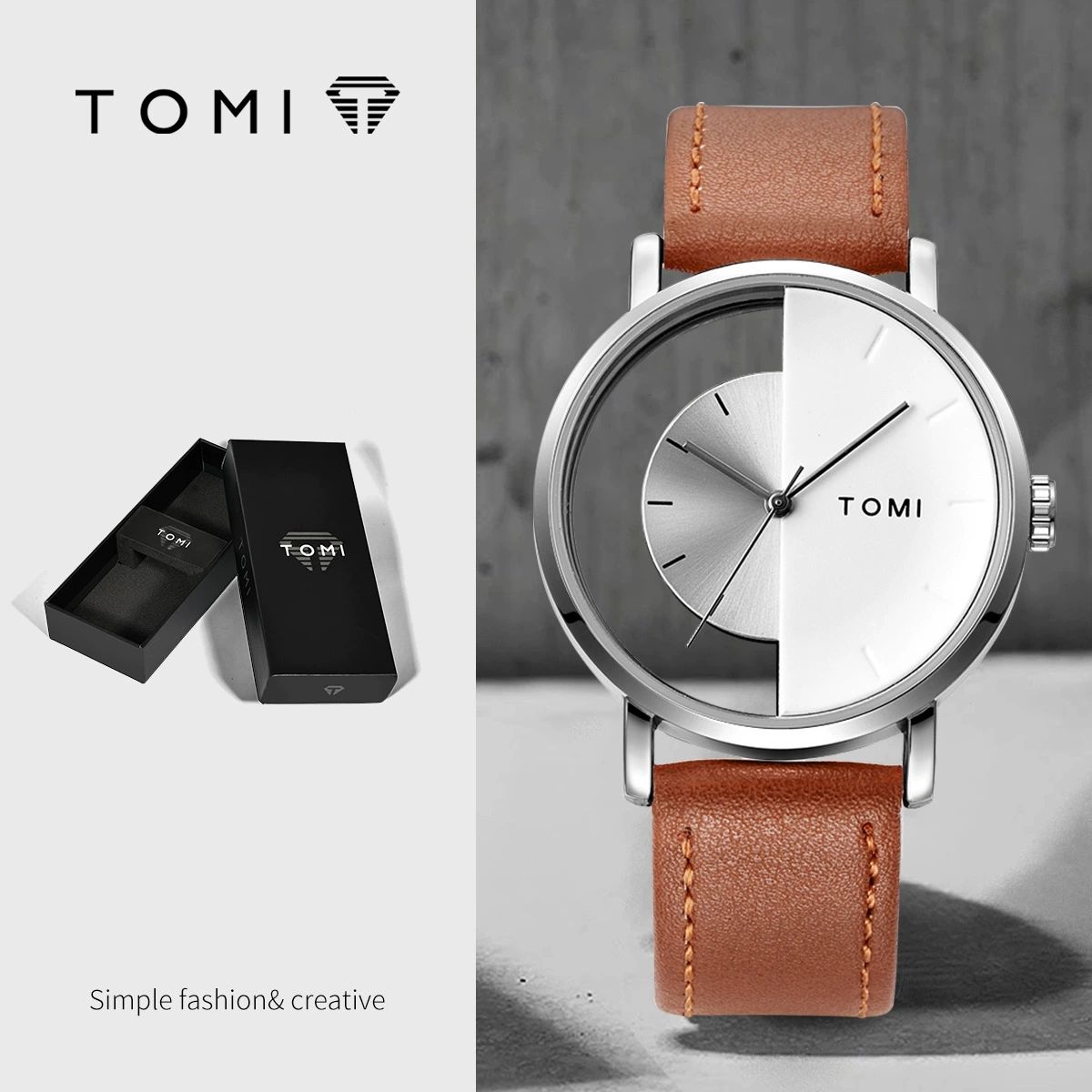 TOMI T-080 Unisex Watch Half Transparent Leather Strap