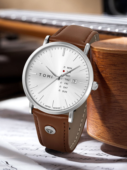 New TOMI T-019 Trendy Men's Watch Quartz Texture Business Watch with Leather Strap and Weekday Calendar