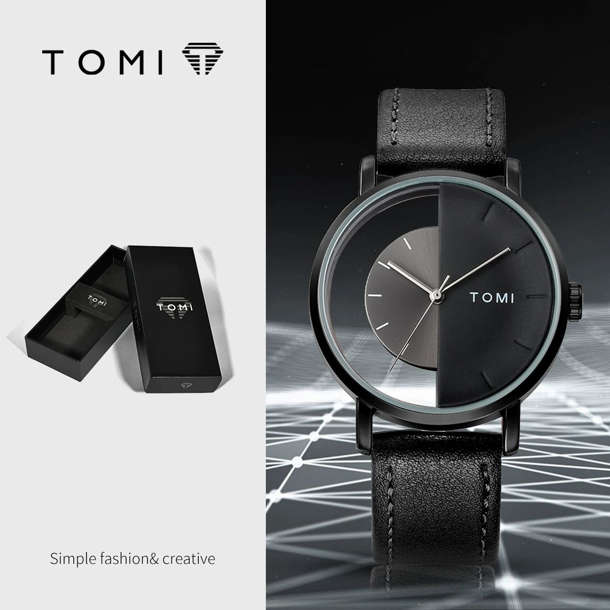 TOMI T-080 Unisex Watch Half Transparent Leather Strap
