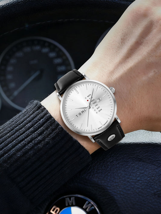 New TOMI T-019 Trendy Men's Watch Quartz Texture Business Watch with Leather Strap and Weekday Calendar