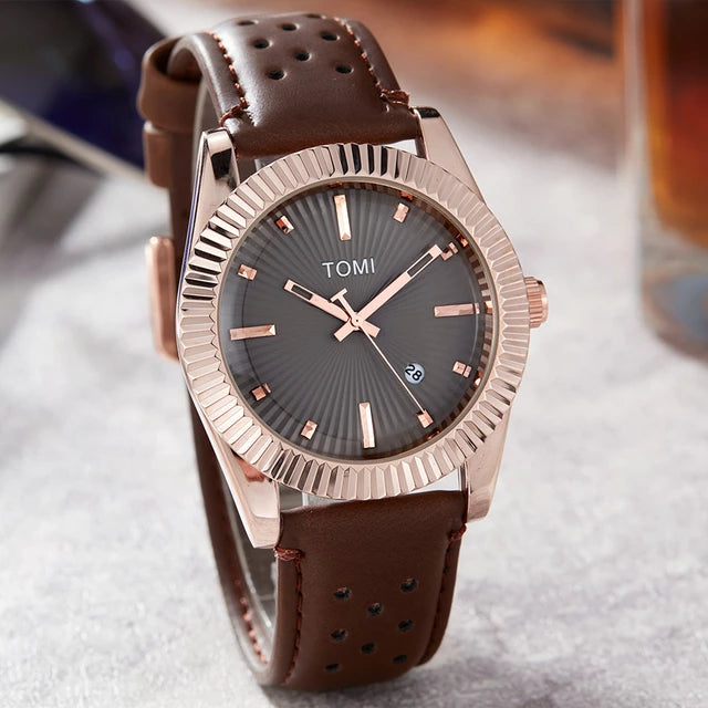 TOMI T-098 Men's Watch Date Quartz Round Shape Dial Leather Straps