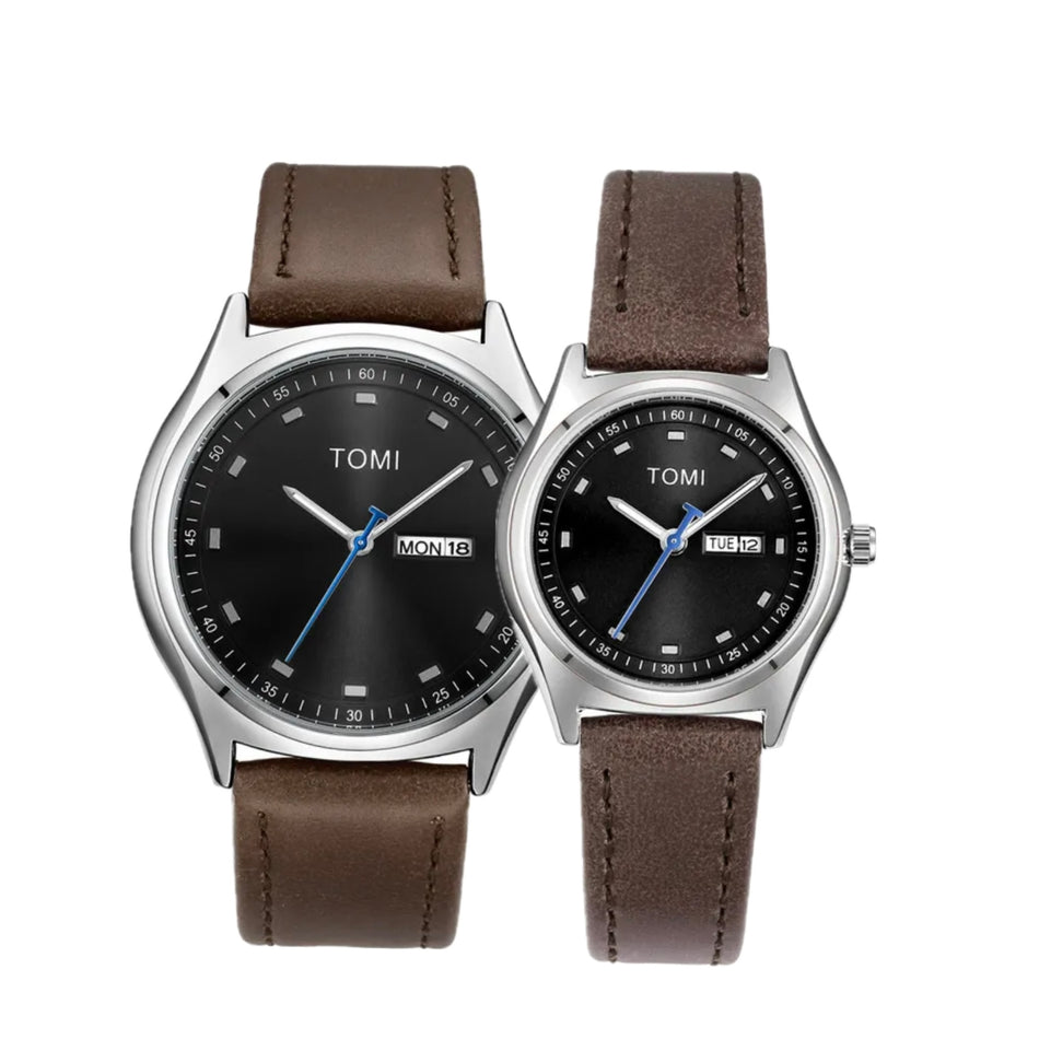 TOMI T-030 Couple Watch Date Day Leather Straps