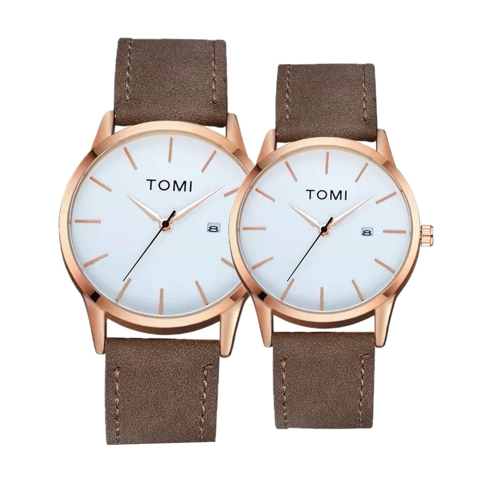 TOMI T-071 Couple Watch Date Quartz Leather Strapa