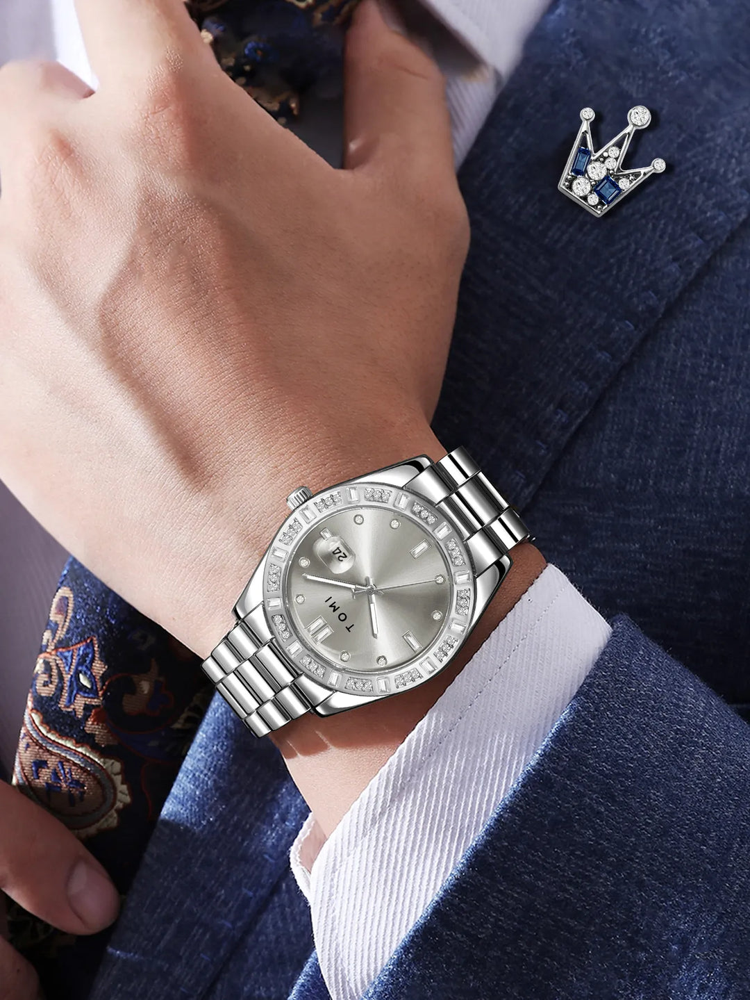 TOMI T-305 High Quality Chain Watch Set – Date Quartz | Ring & Brooch | Premium Gift Box