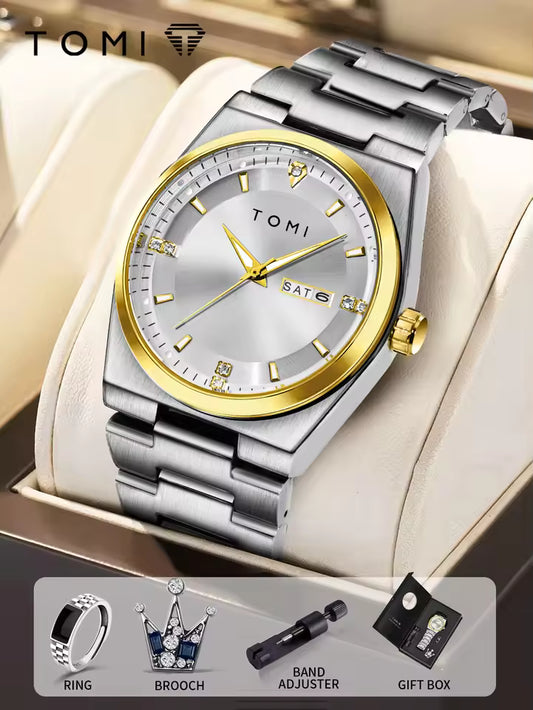 TOMI T-308 Luxury Chain Watch Date Day Luminous Dial Master-Lock Ring Brooch Chain Adjuster