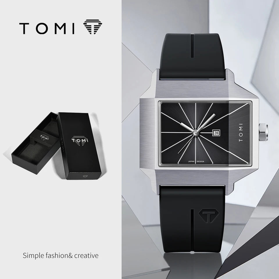 TOMI T-021 Tank Model Simple Men's Watch Silicon Straps Magnet Lock - Quartz Business Fashion Wristwatch Textured Men's Gift