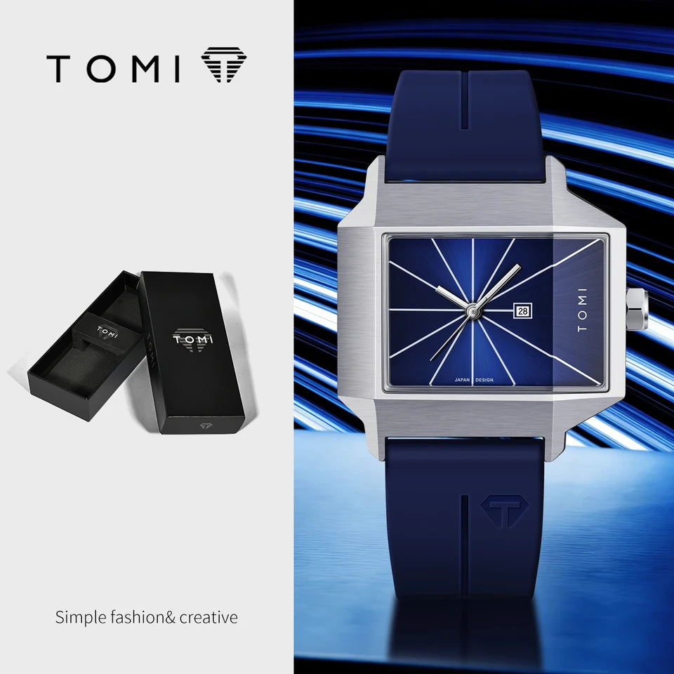 TOMI T-021 Tank Model Simple Men's Watch Silicon Straps Magnet Lock - Quartz Business Fashion Wristwatch Textured Men's Gift