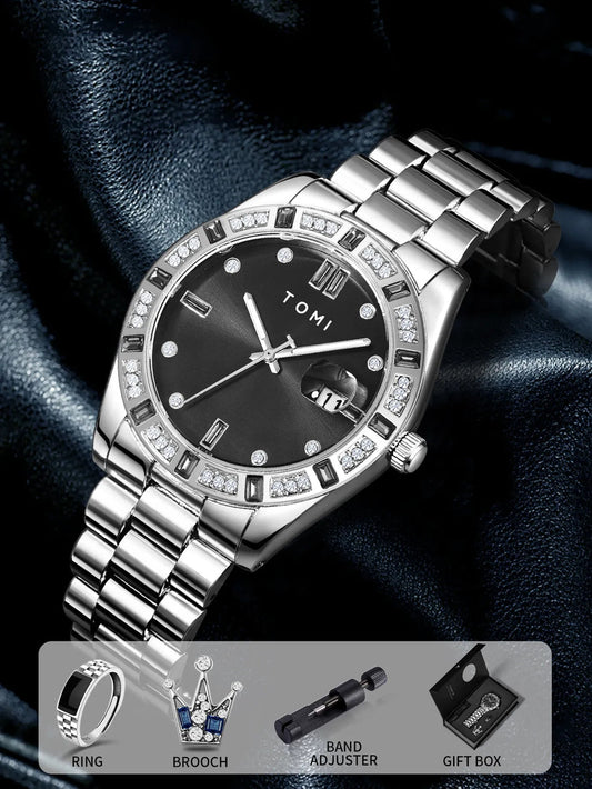 TOMI T-305 High Quality Chain Watch Set – Date Quartz | Ring & Brooch | Premium Gift Box