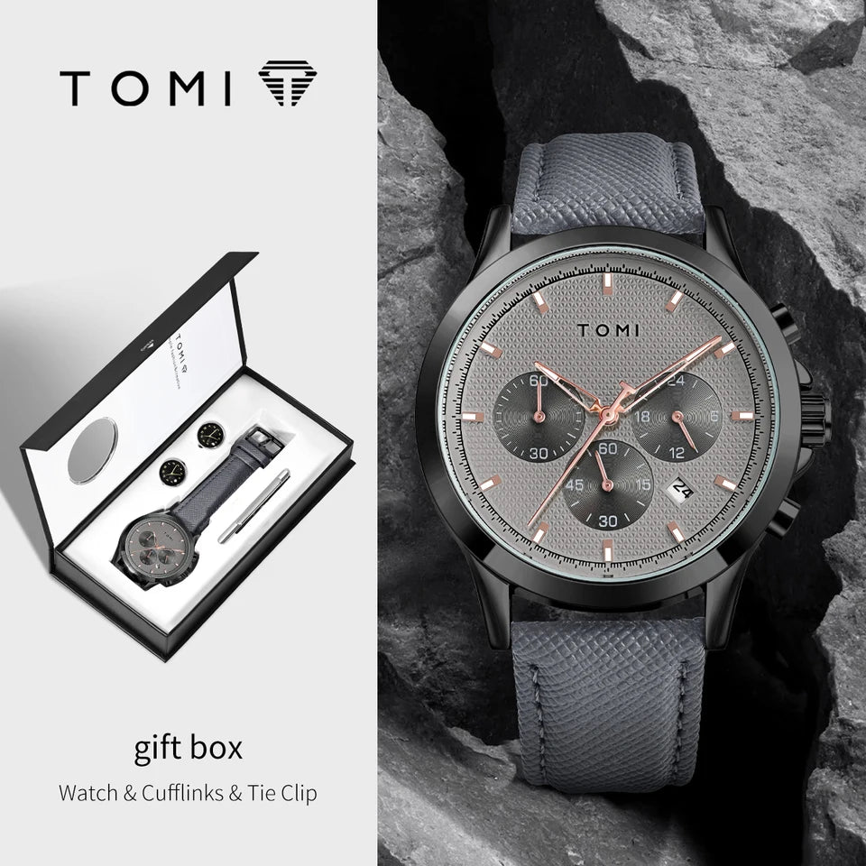 TOMI T-604 Luxury Business Four-piece Set Men's Quartz Watch Casual Fashion Men's Cufflinks Tie Clip Watch Gift Box (Copy 2)