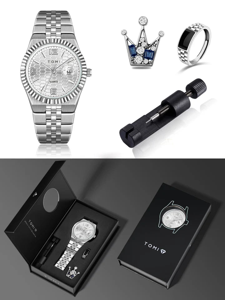 TOMI T-311 Luxury Men's Watch Steel Band Calendar Multi-function Quartz Watch Ring Cufflink Gift Box Set