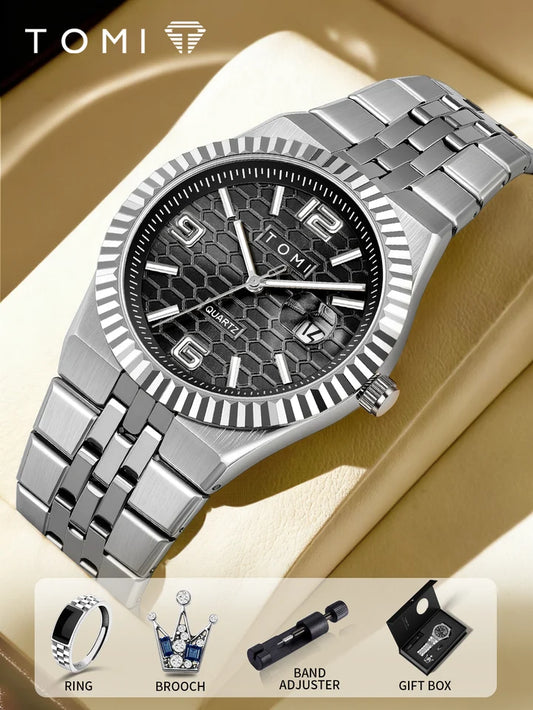 TOMI T-311 Luxury Men's Watch Steel Band Calendar Multi-function Quartz Watch Ring Cufflink Gift Box Set