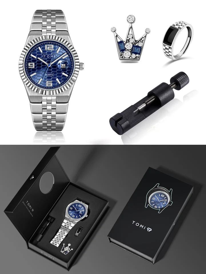 TOMI T-311 Luxury Men's Watch Steel Band Calendar Multi-function Quartz Watch Ring Cufflink Gift Box Set