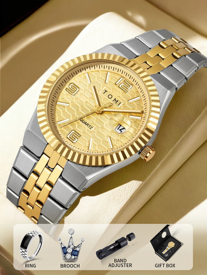 TOMI T-311 Luxury Men's Watch Steel Band Calendar Multi-function Quartz Watch Ring Cufflink Gift Box Set
