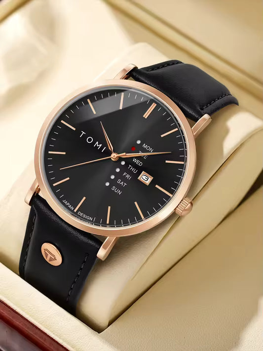 New TOMI T-019 Trendy Men's Watch Quartz Texture Business Watch with Leather Strap and Weekday Calendar