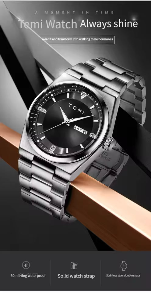 TOMI T-308 Luxury Chain Watch Date Day Luminous Dial Master-Lock Ring Brooch Chain Adjuster