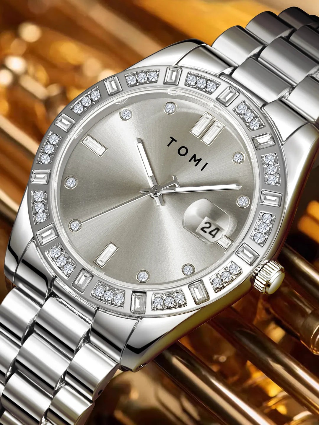 TOMI T-305 High Quality Chain Watch Set – Date Quartz | Ring & Brooch | Premium Gift Box