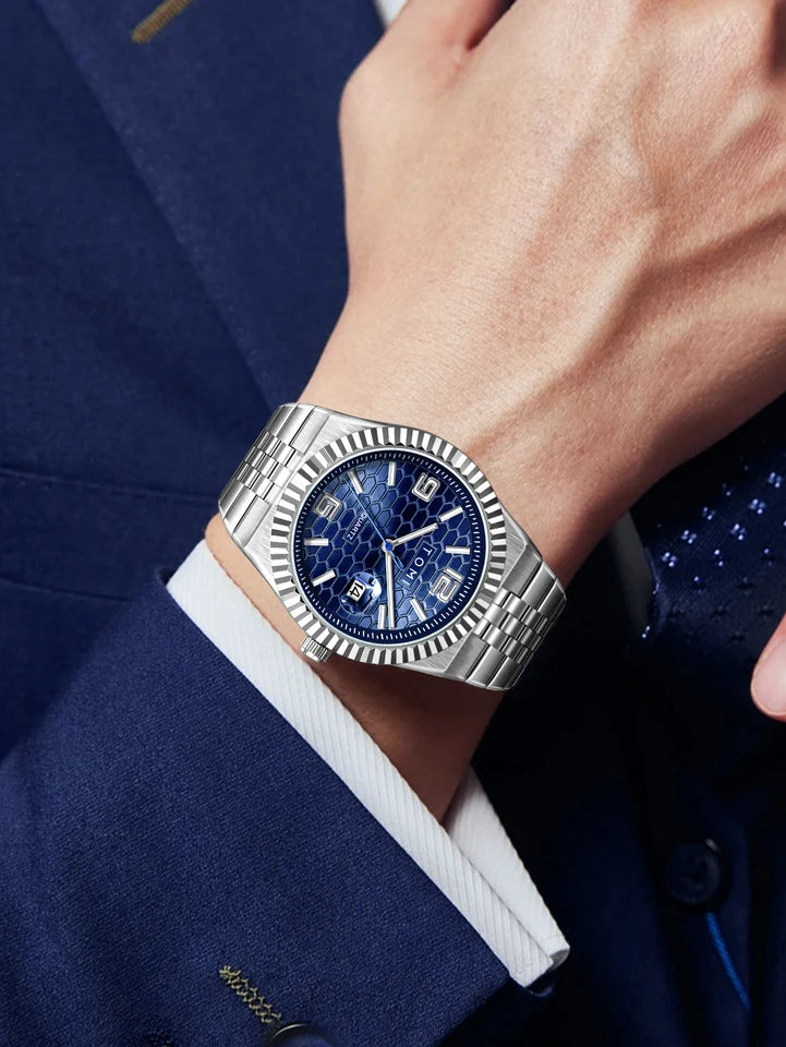 TOMI T-311 Luxury Men's Watch Steel Band Calendar Multi-function Quartz Watch Ring Cufflink Gift Box Set