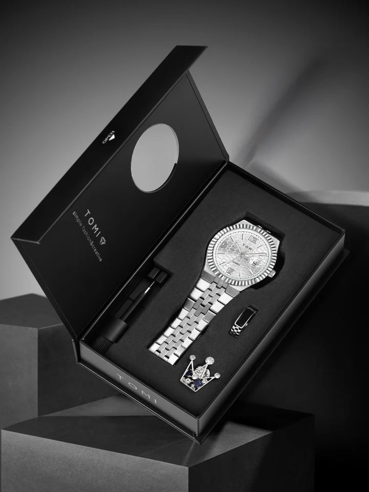 TOMI T-311 Luxury Men's Watch Steel Band Calendar Multi-function Quartz Watch Ring Cufflink Gift Box Set