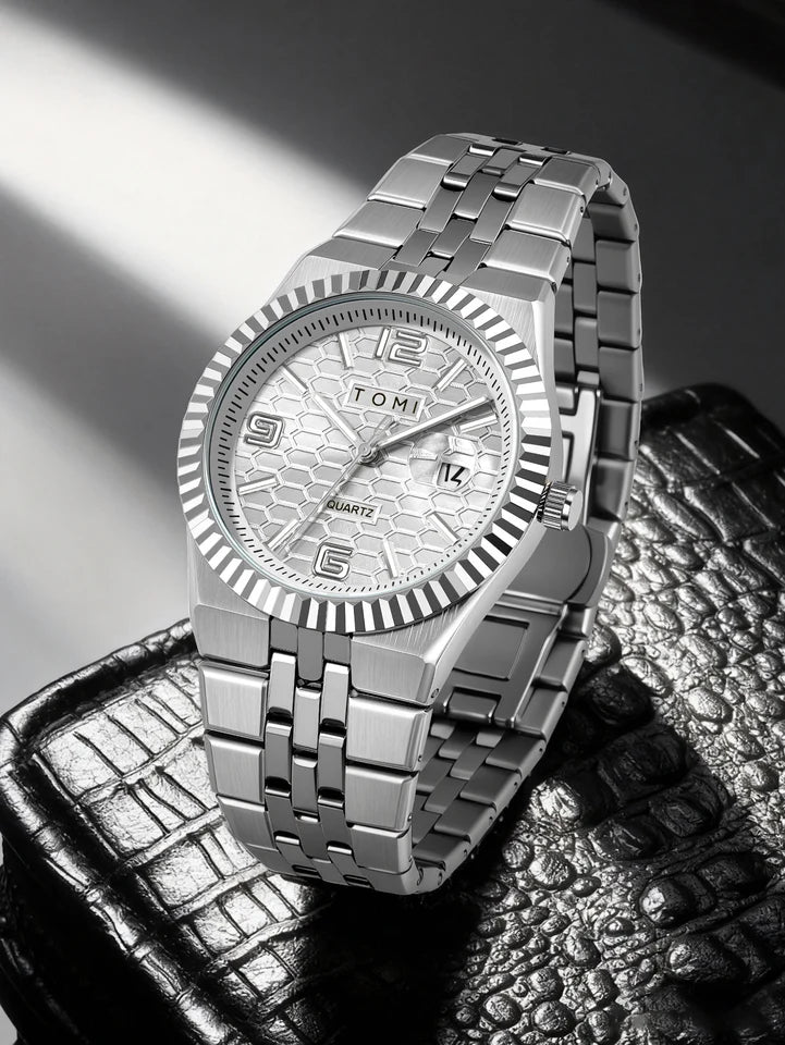 TOMI T-311 Luxury Men's Watch Steel Band Calendar Multi-function Quartz Watch Ring Cufflink Gift Box Set