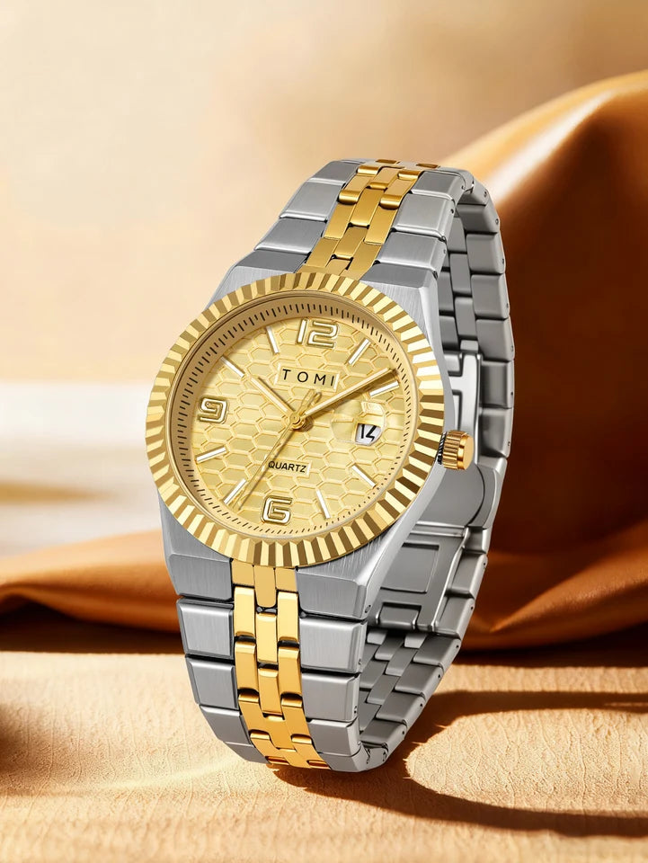TOMI T-311 Luxury Men's Watch Steel Band Calendar Multi-function Quartz Watch Ring Cufflink Gift Box Set