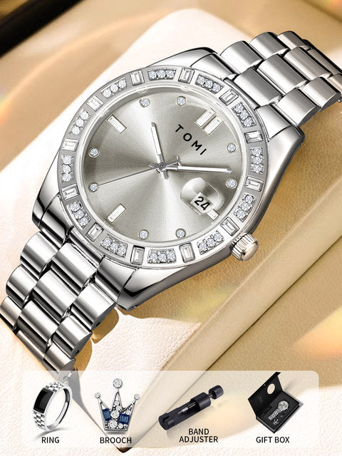 TOMI T-305 High Quality Chain Watch Set – Date Quartz | Ring & Brooch | Premium Gift Box