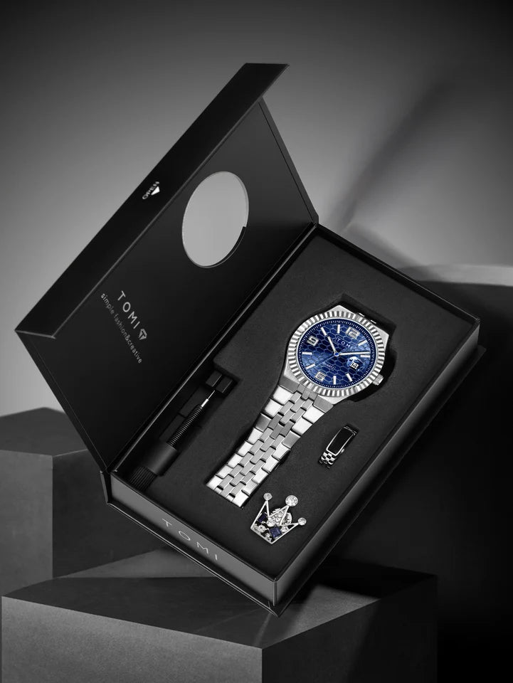 TOMI T-311 Luxury Men's Watch Steel Band Calendar Multi-function Quartz Watch Ring Cufflink Gift Box Set