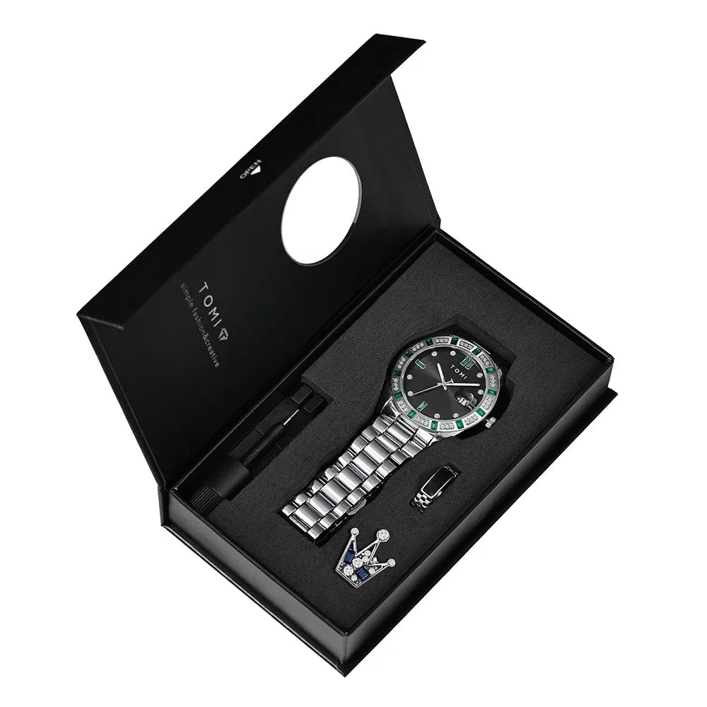TOMI T-305 High Quality Chain Watch Set – Date Quartz | Ring & Brooch | Premium Gift Box