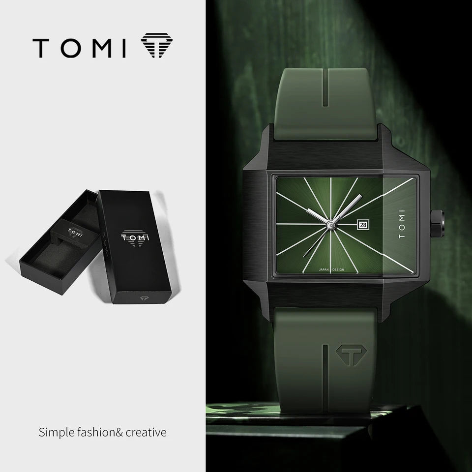 TOMI T-021 Tank Model Simple Men's Watch Silicon Straps Magnet Lock - Quartz Business Fashion Wristwatch Textured Men's Gift