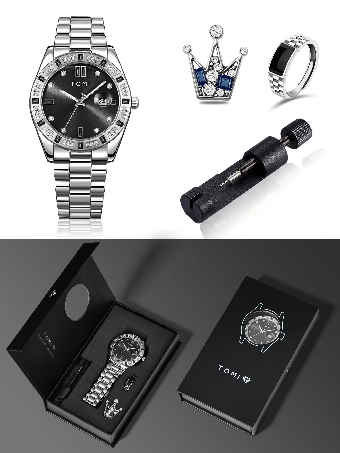 TOMI T-305 High Quality Chain Watch Set – Date Quartz | Ring & Brooch | Premium Gift Box