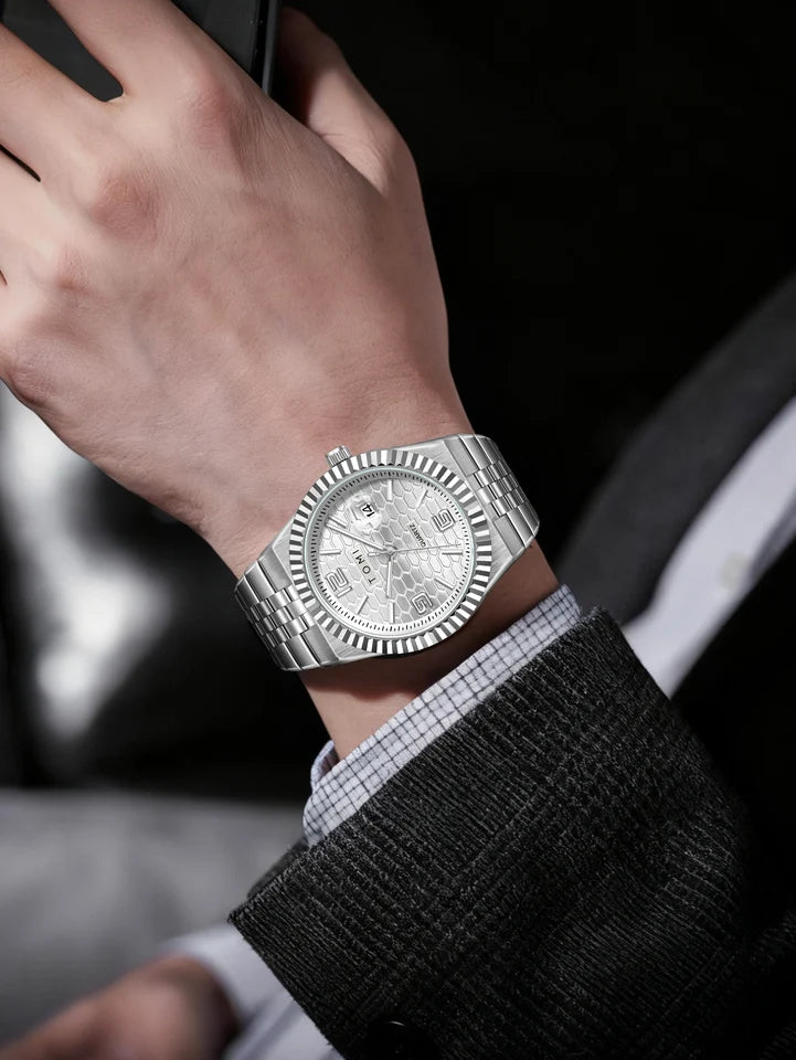 TOMI T-311 Luxury Men's Watch Steel Band Calendar Multi-function Quartz Watch Ring Cufflink Gift Box Set