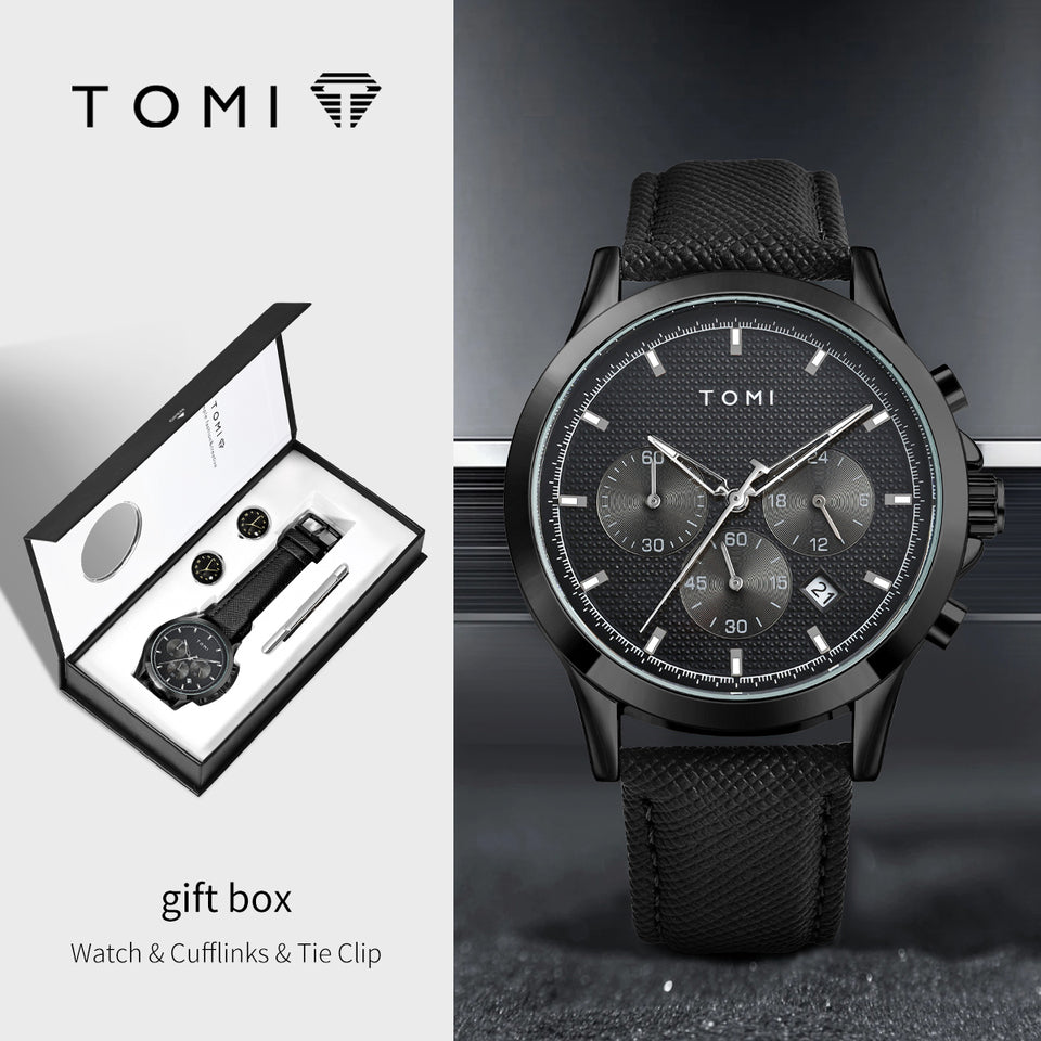 TOMI T-604 Luxury Business Four-piece Set Men's Quartz Watch Casual Fashion Men's Cufflinks Tie Clip Watch Gift Box (Copy)