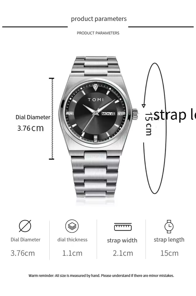 TOMI T-308 Luxury Chain Watch Date Day Luminous Dial Master-Lock Ring Brooch Chain Adjuster